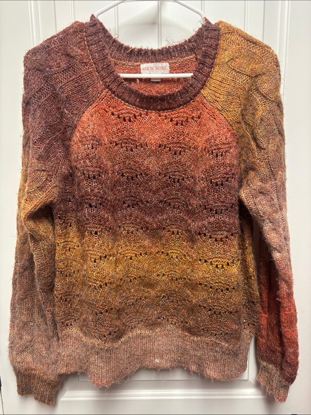Knox Rose Gradient Knit Crewneck Sweater in Rust, Gold & Brown size M